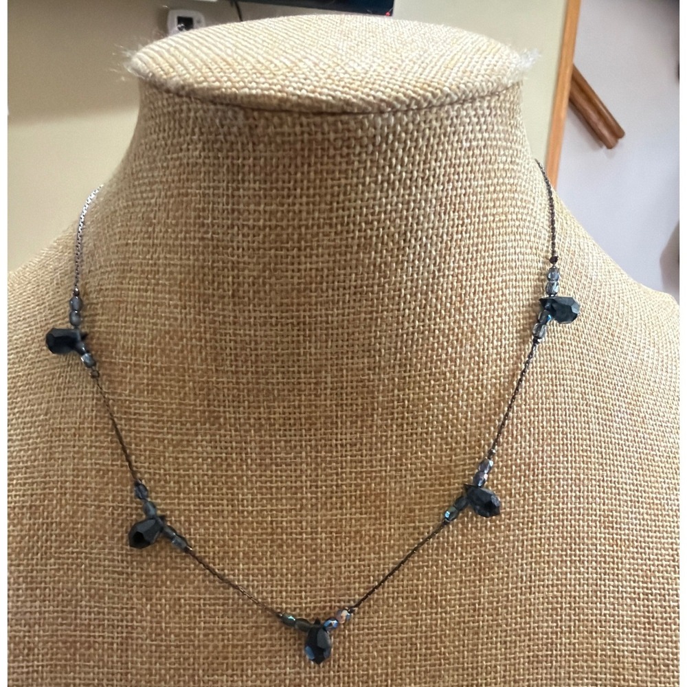 Gunmetal Black Teardrop Beaded Chain Necklace Minimalist Gothic Dark Academia